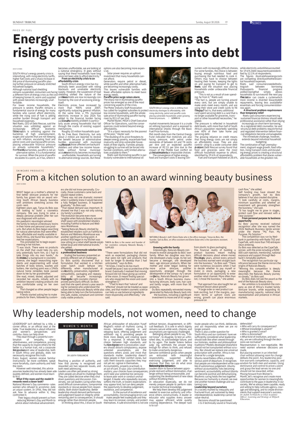 Sunday Tribune Business Report page featuring Naturals Beauty founder Tanya du Bois