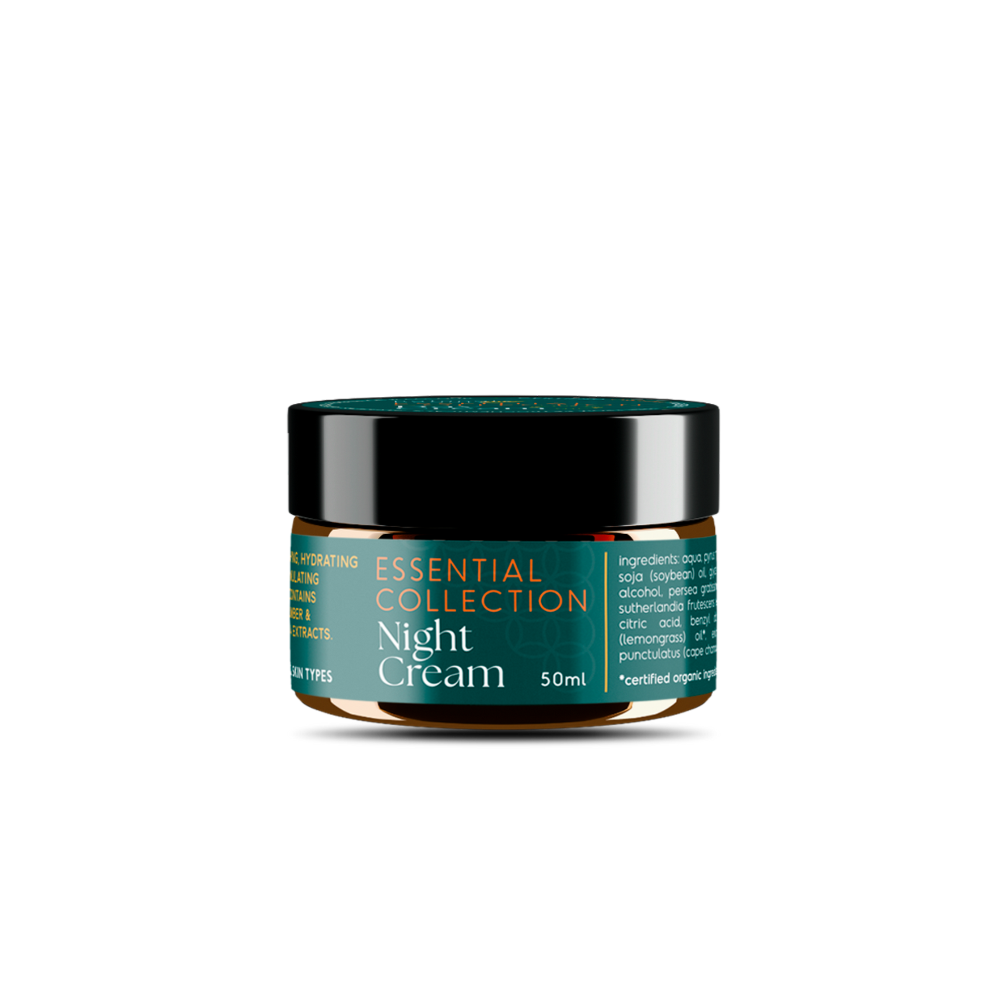 Glass jar of night cream labeled 'Essential Collection' on a white background, made with organic ingredients