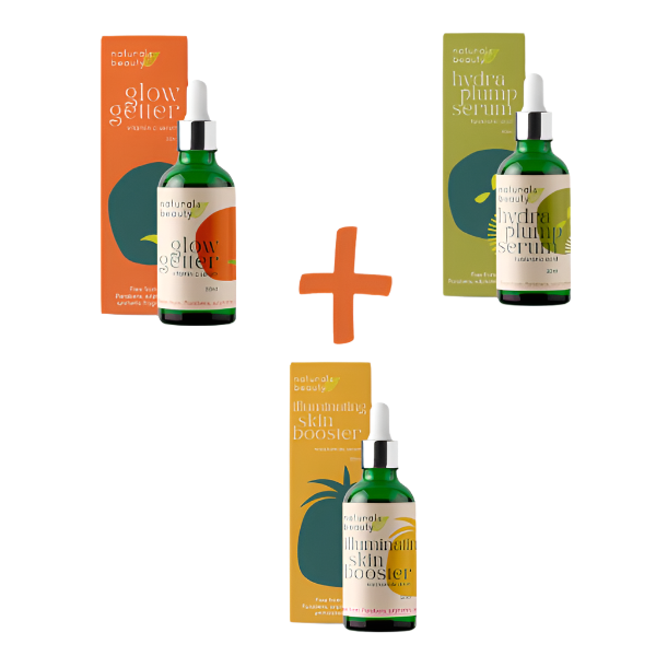 Three bottles of skincare products, hydra plump, glow getter & illuminating skin booster serums with their packaging on a white background