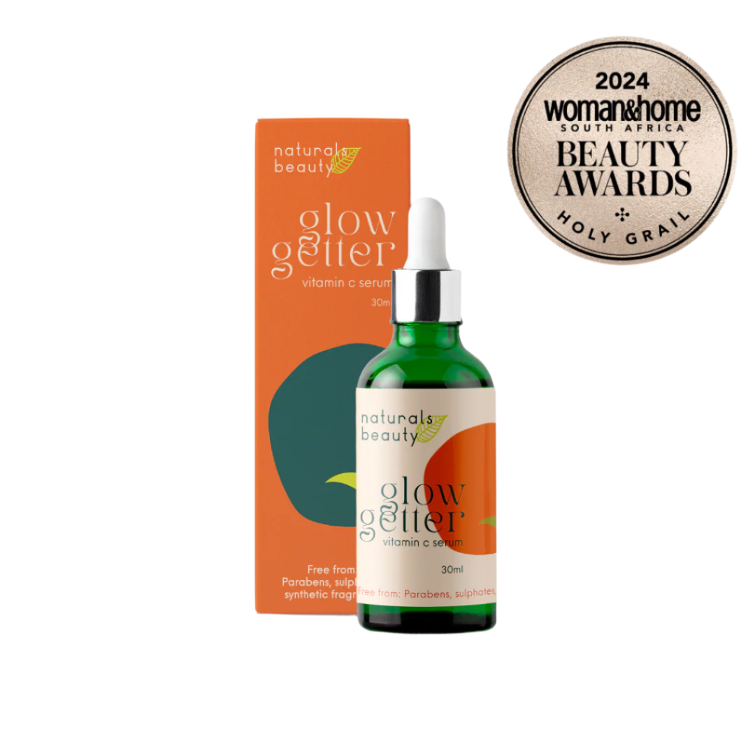 Naturals Beauty Glow Getter Vitamin C serum bottle and packaging with an award badge on a white background