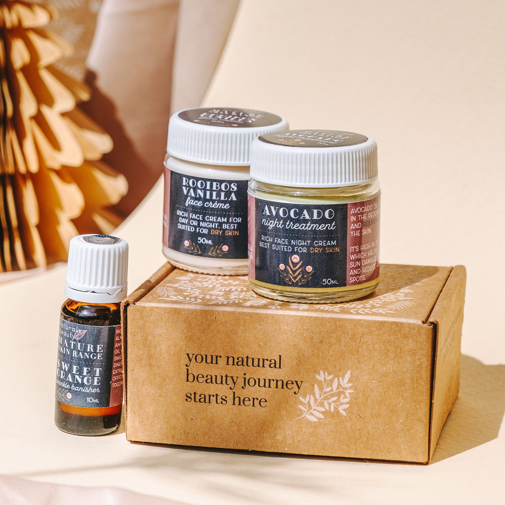 rooibos vanilla face cream, avoado night treatment & sweet orange wrinkle banisher