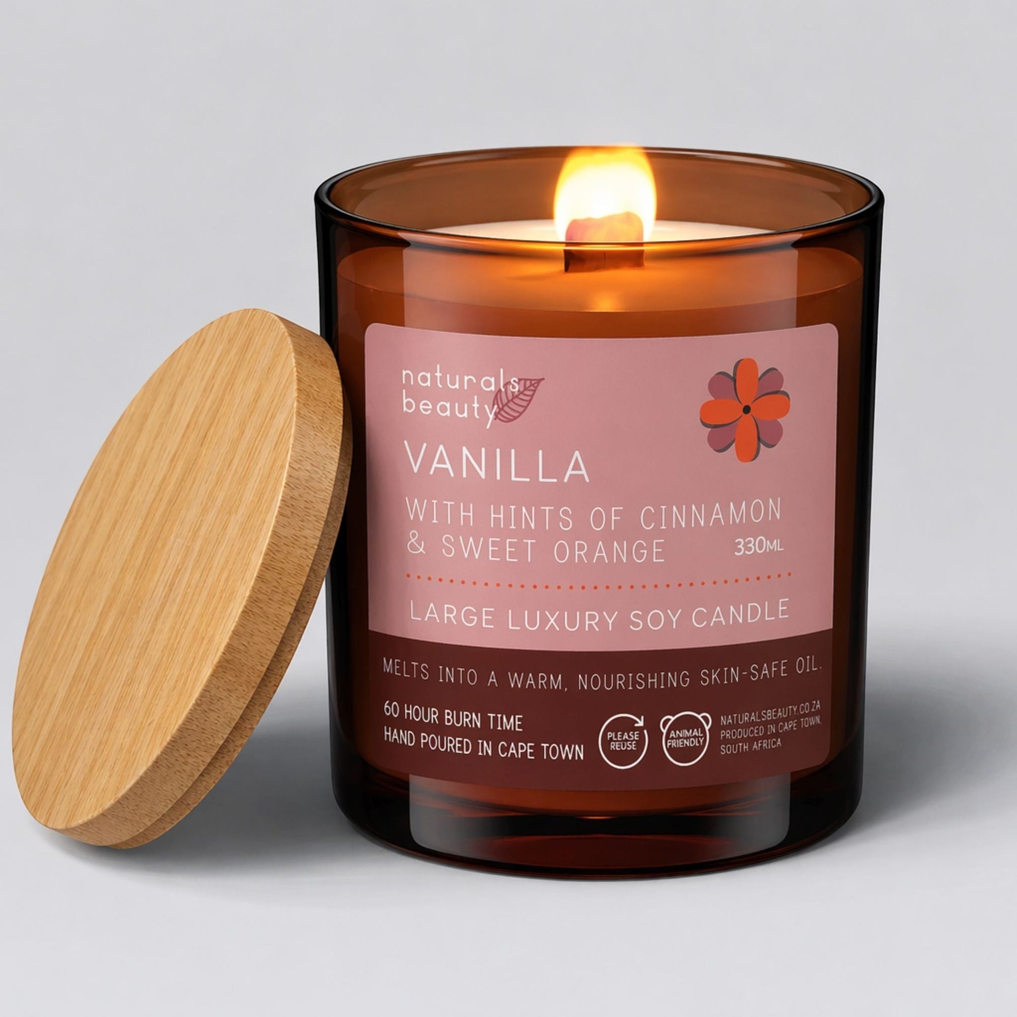 Vanilla-scented candle with wooden lid on a light gray background