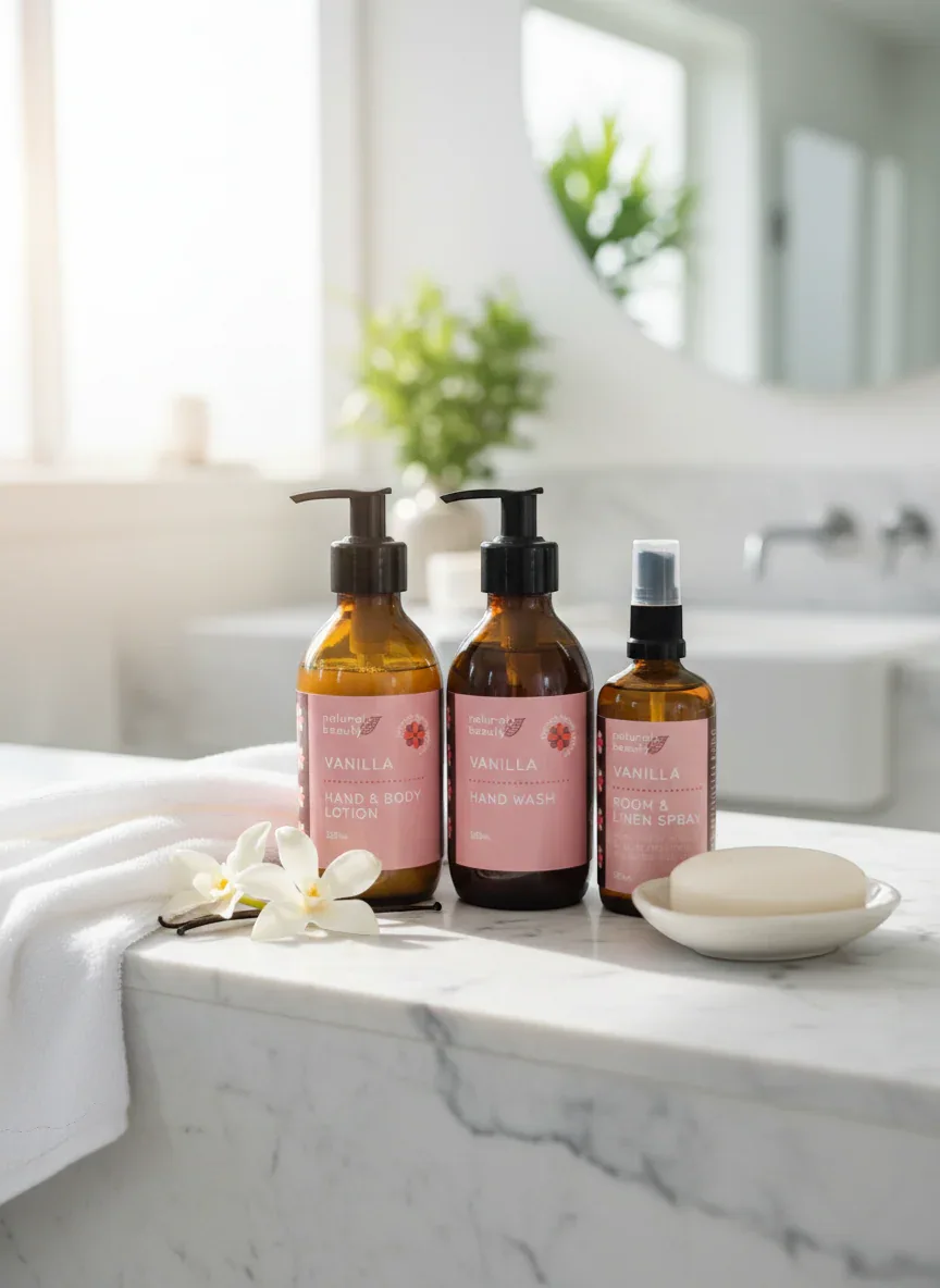 Vanilla Natural Bathroom Gift Set with Hand Wash, Lotion & Room Spray