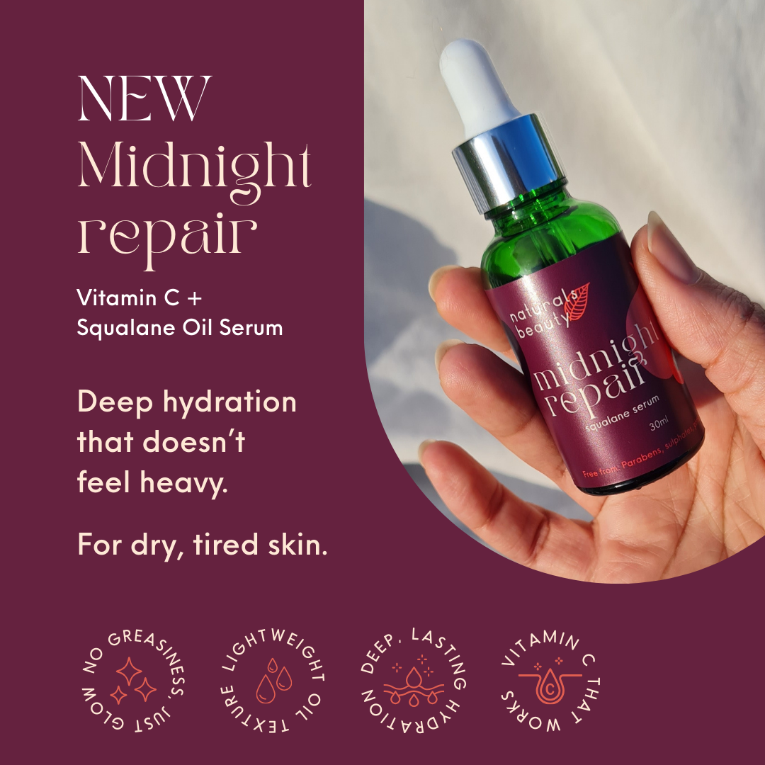 Bottle of 'Midnight Repair' serum held by a hand with promotional text on a purple background.