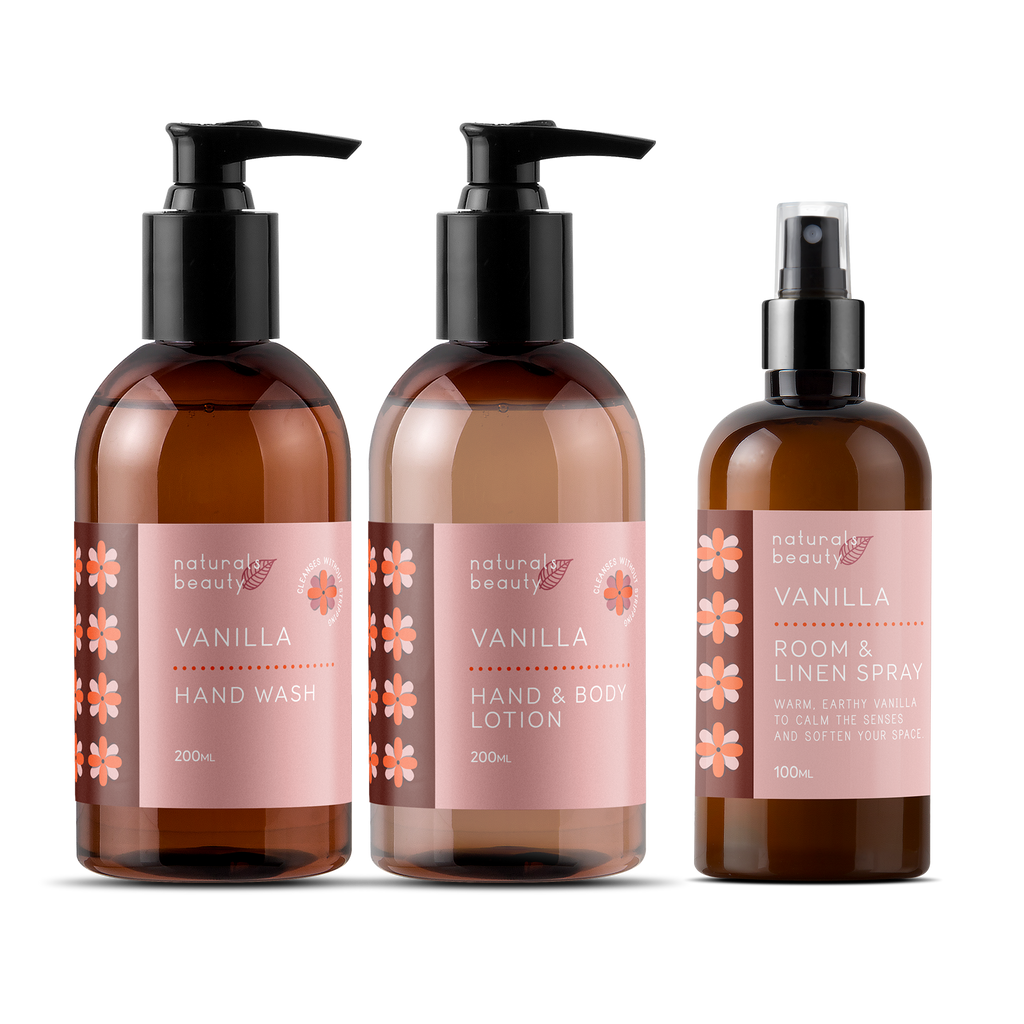 Vanilla Natural Bathroom Gift Set with Hand Wash, Lotion & Room Spray