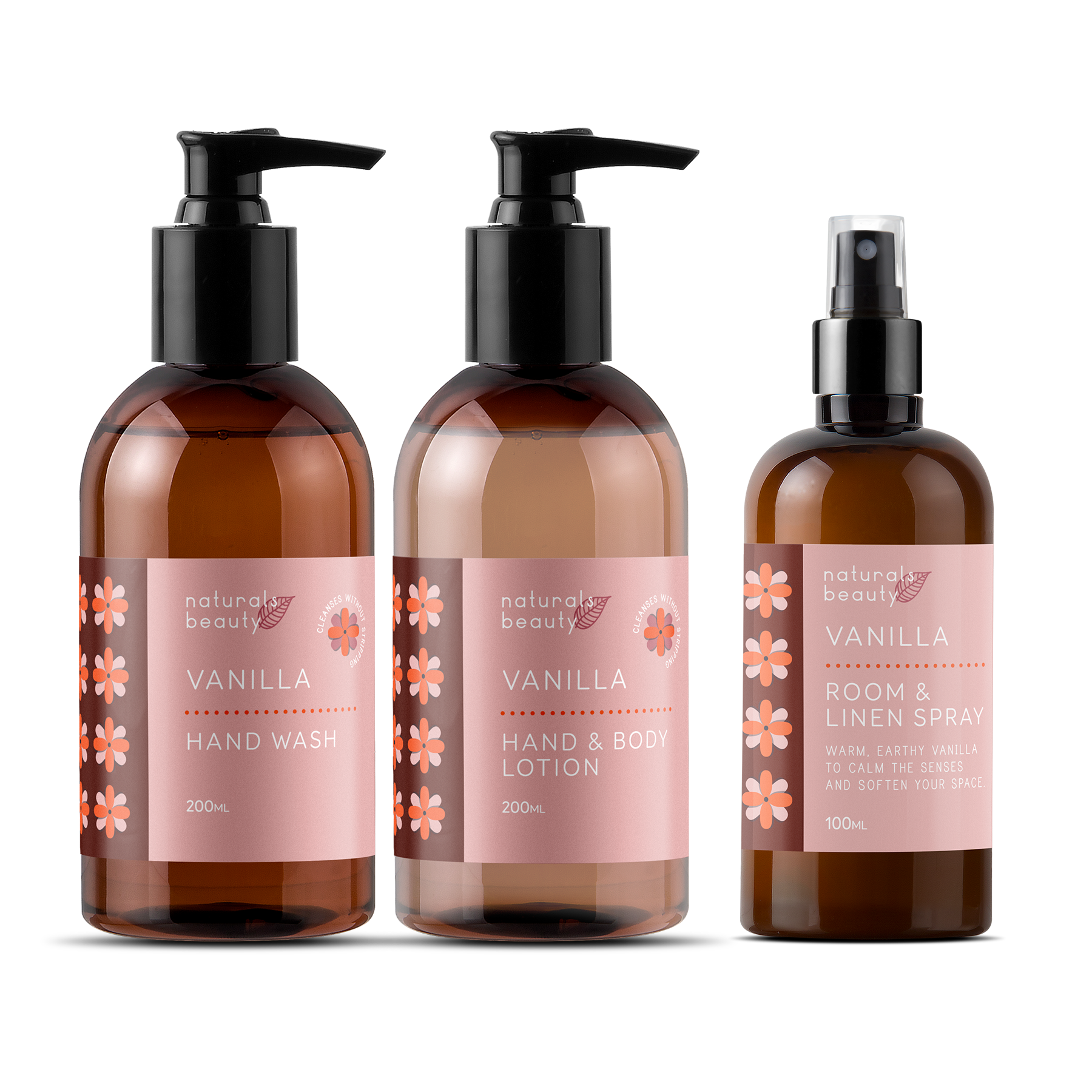 Vanilla Natural Bathroom Gift Set with Hand Wash, Lotion & Room Spray