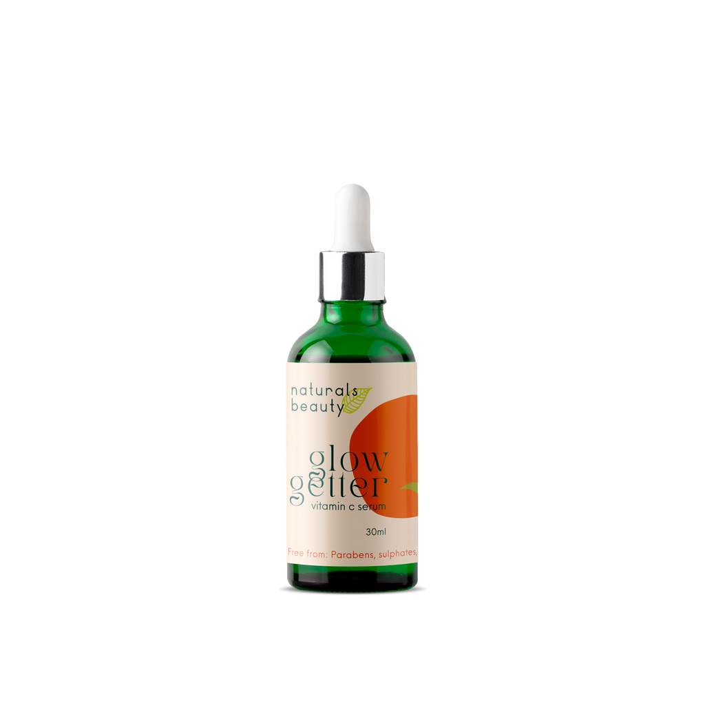 Bottle of 'Glow Getter' serum with a dropper on a white background