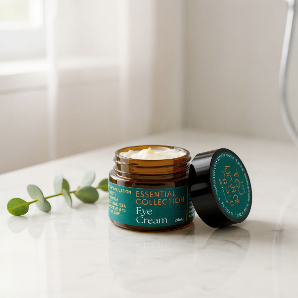 Eye cream jar with green label on a white surface with a plant in the background