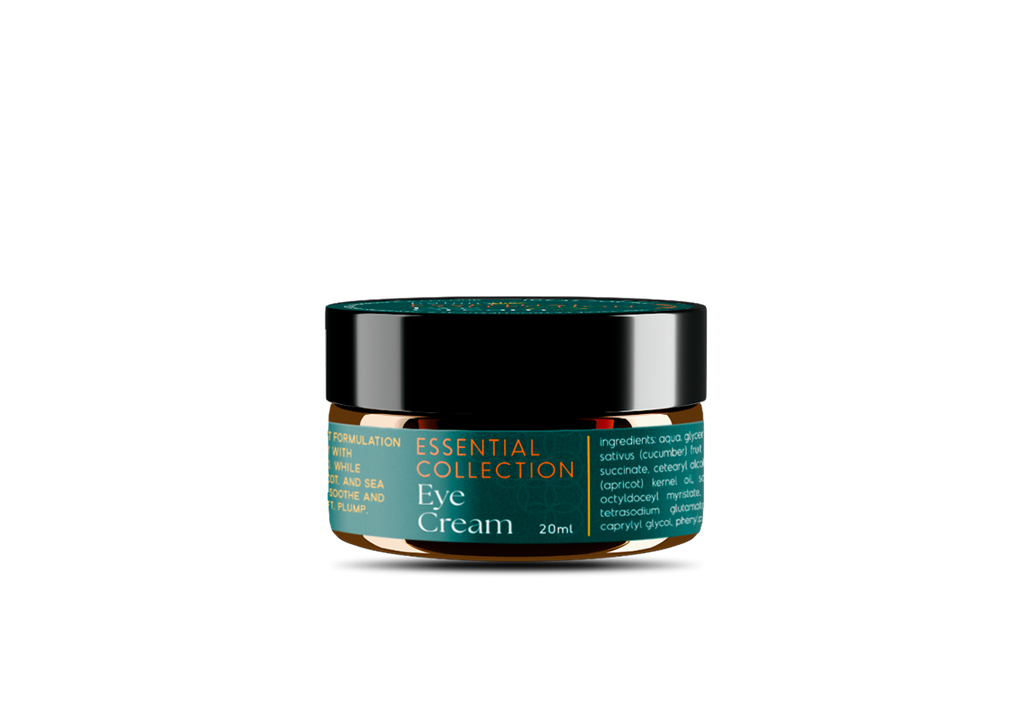 Botanical Eye cream in glass jar with black lid and green label on a white background