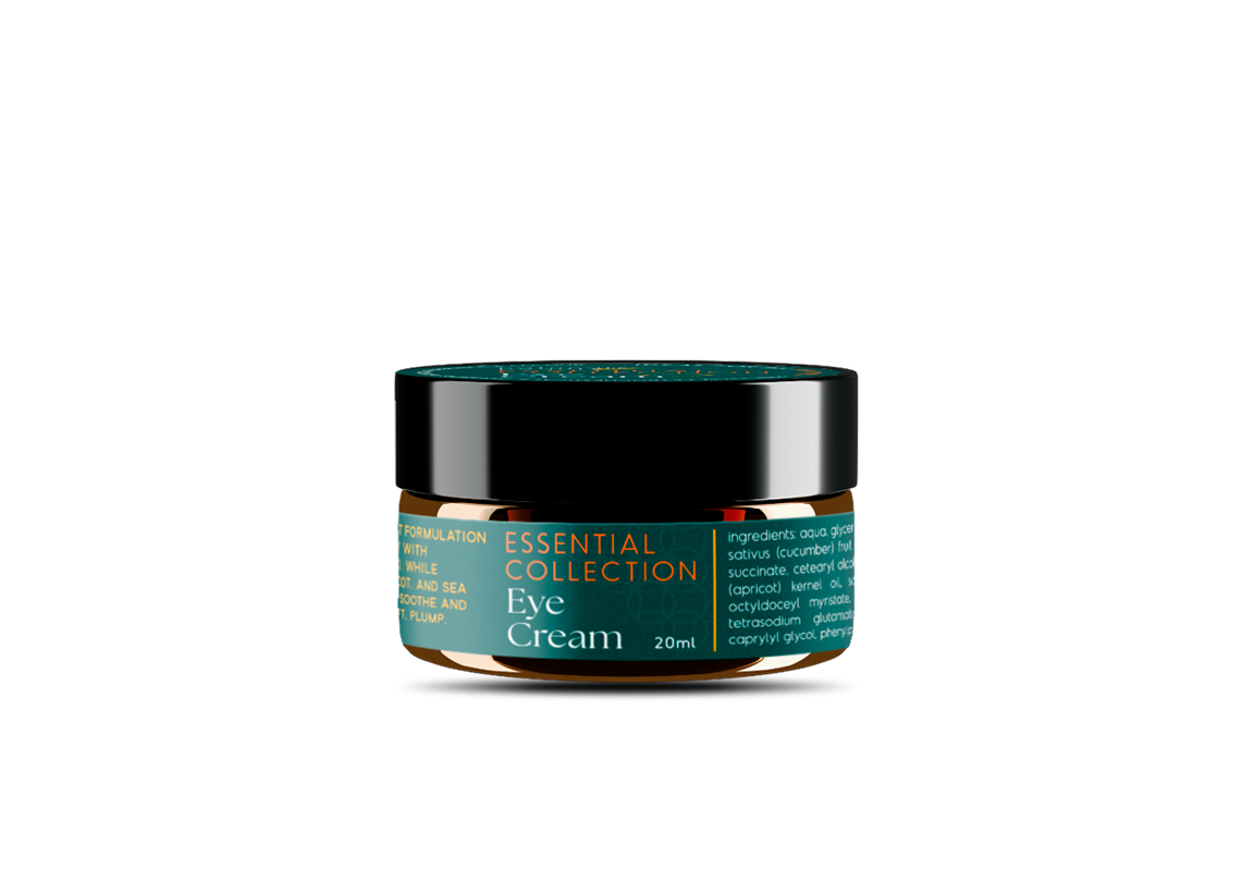 Botanical Eye cream in glass jar with black lid and green label on a white background