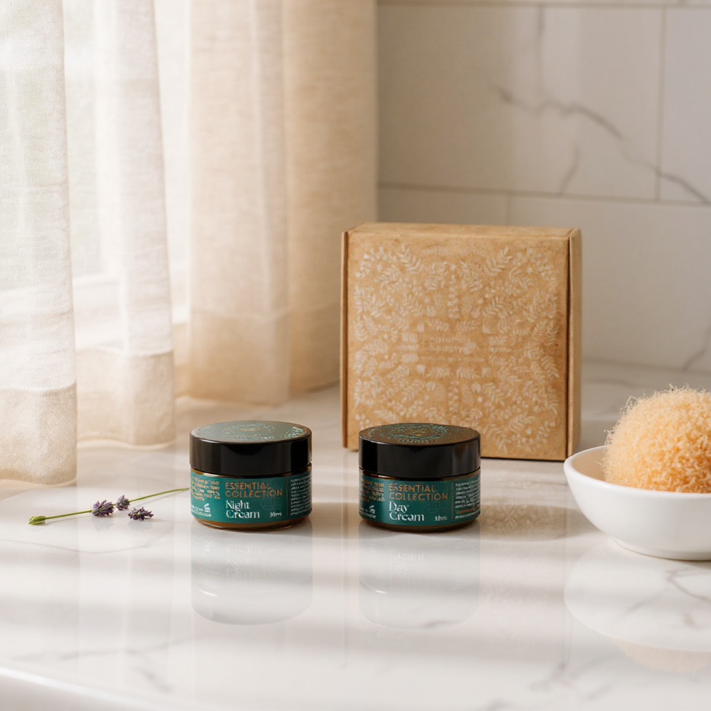 Two jars of cream on a marble surface with a decorative box and bowl in the background.