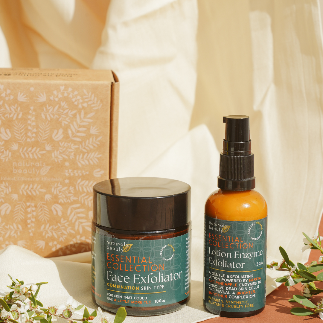 Two Face Exfoliator skincare products from Naturals Beauty with a box in the background on a neutral surface.