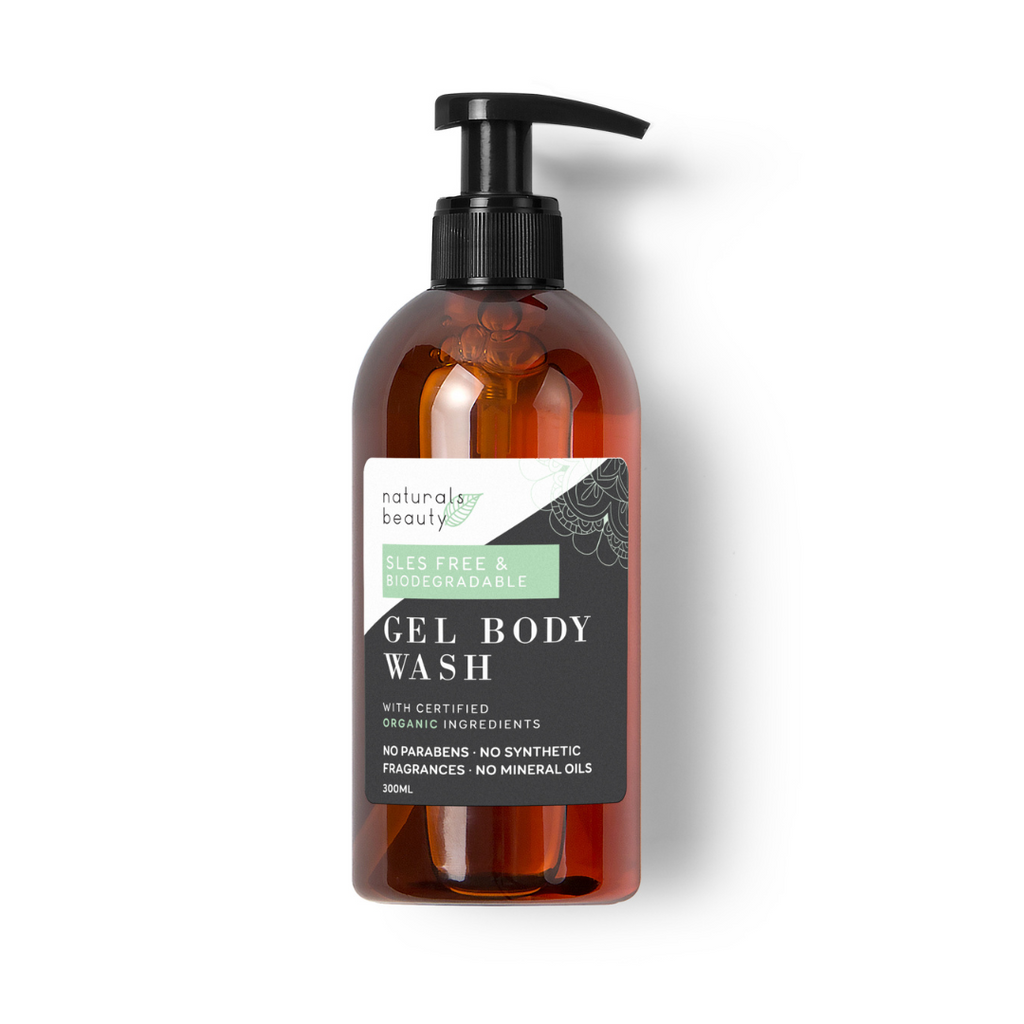 Brown bottle of gel body wash with pump on a white background