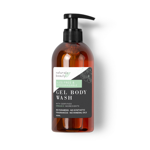 Brown GLASS bottle of gel body wash with pump available from Naturals Beauty SA