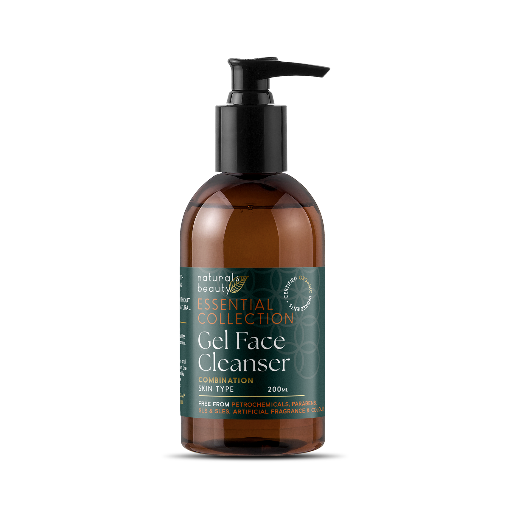 Brown glass  bottle of Naturals Beauty Gel Face Cleanser with pump on a white background