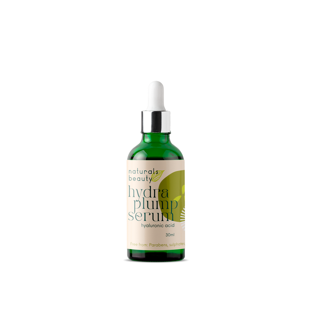 Bottle of 'naturals beauty' hydra plump serum on a white background