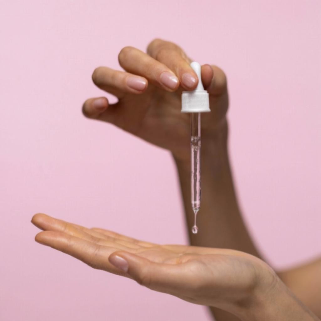 Hand holding a dropper with clear liquid against a pink background