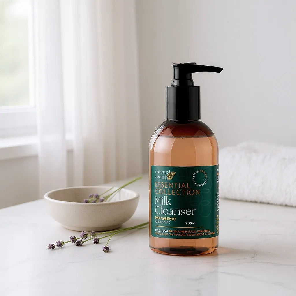 Bottle of Essential Collection Milk Cleanser on a white surface with a neutral background