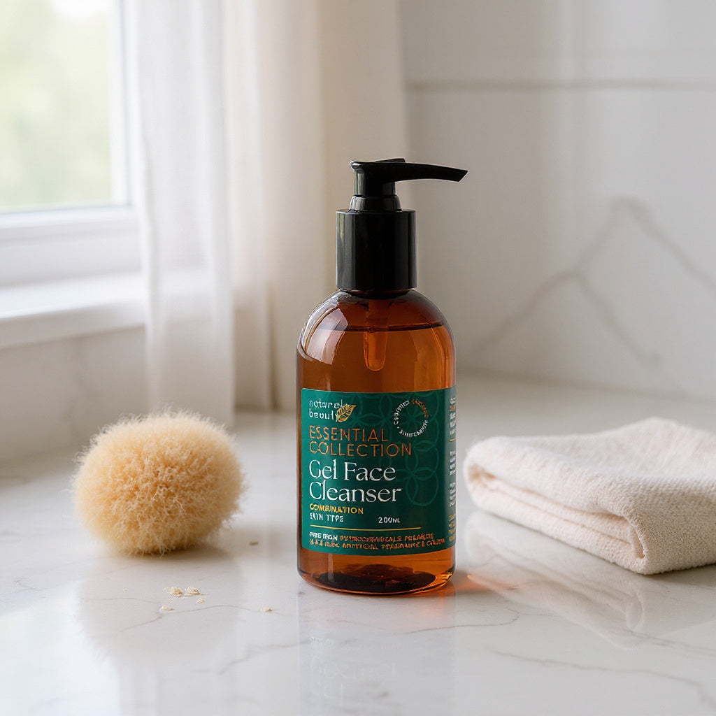 Glass bottle of Naturals Beauty Gel Face Cleanser on a bathroom counter with a towel and scrubber in the background.