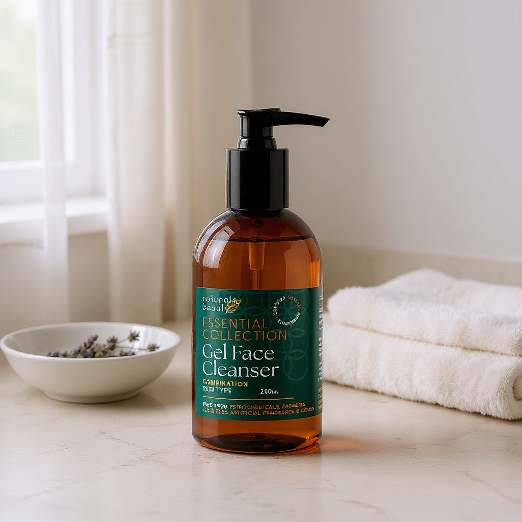 Glass bottle of Naturals Beauty SA Gel Face Cleanser on a bathroom counter with a bowl and towel in the background