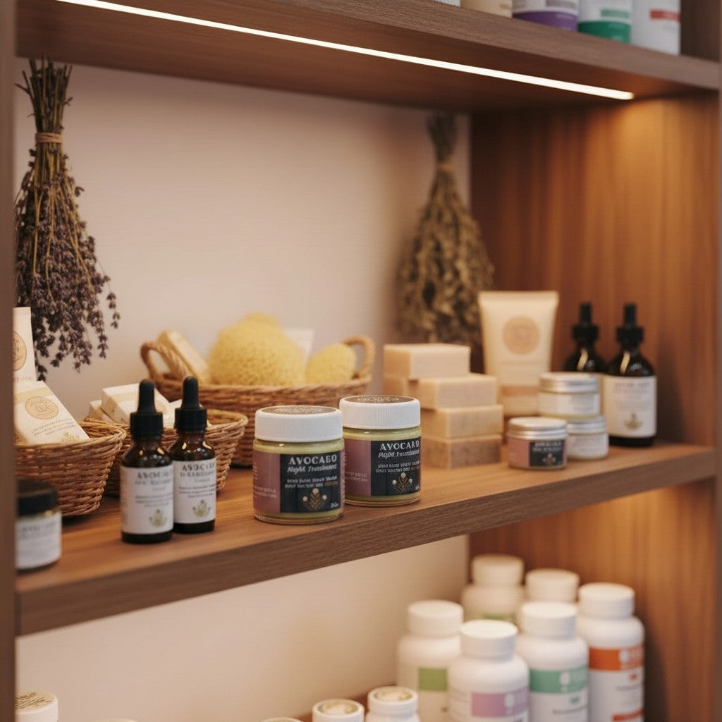 Naturals Beauty SA Nourishing Avocado Night Treatment Cream in a glass jar with a pink label, for very dry and sensitive skin.