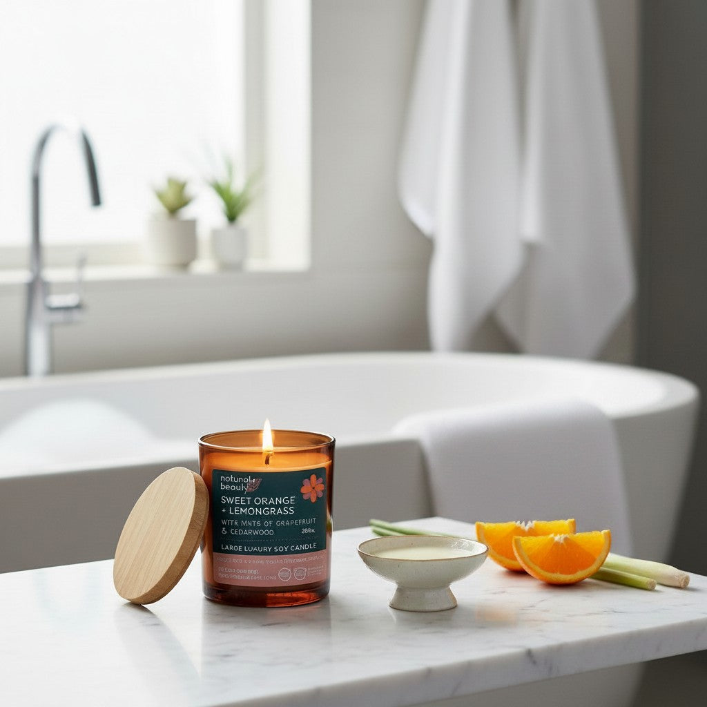 Naturals Beauty SA Sweet Orange + Lemongrass luxury soy candle in amber glass jar with wooden lid, lit flame, skin-safe oil.