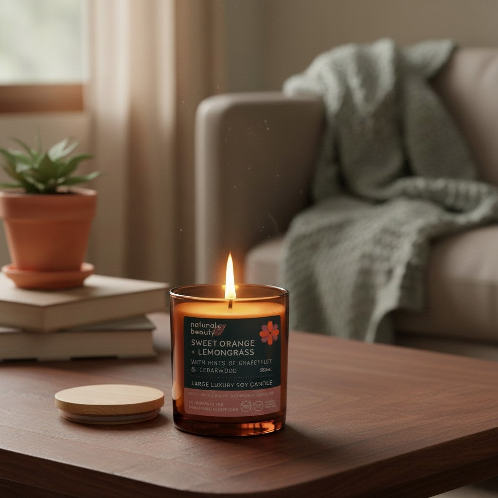 Naturals Beauty SA Sweet Orange + Lemongrass luxury soy candle in amber glass jar with a lit flame.