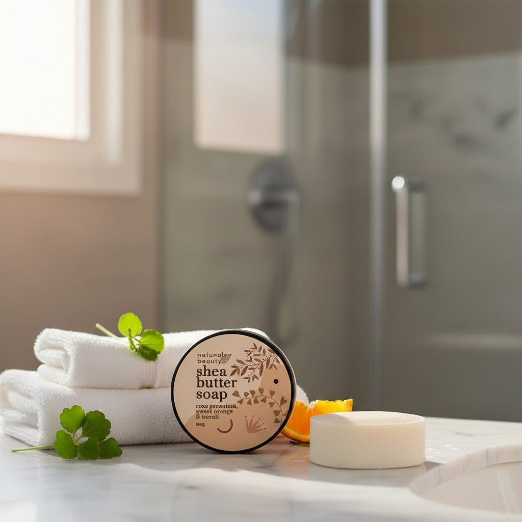 Naturals Beauty SA shea butter soap bar with olive oil for sensitive skin in travel tin, held by hand.