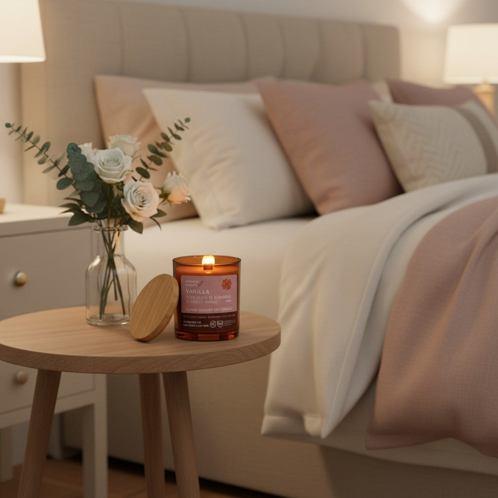Naturals Beauty SA large luxury soy candle in amber glass jar with wooden lid, vanilla scent with cinnamon & sweet orange notes.