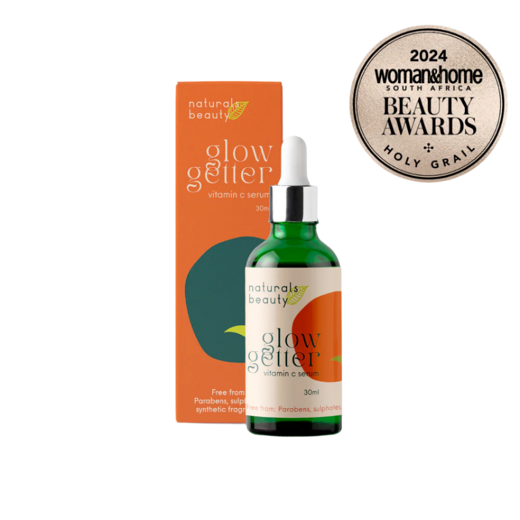 Naturals Beauty Glow Getter Vitamin C serum bottle and packaging with an award badge on a white background