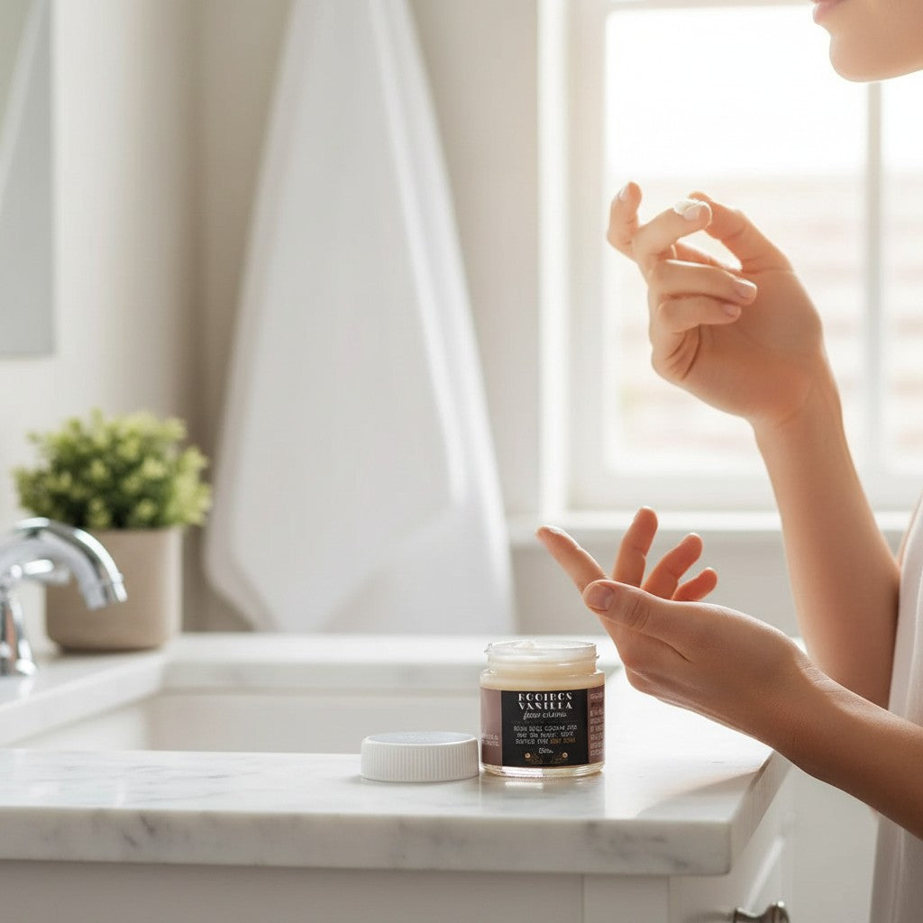 Naturals Beauty SA Antioxidant Rooibos Vanilla Face Crème in a glass jar with a white lid. Rich face cream for dry skin.