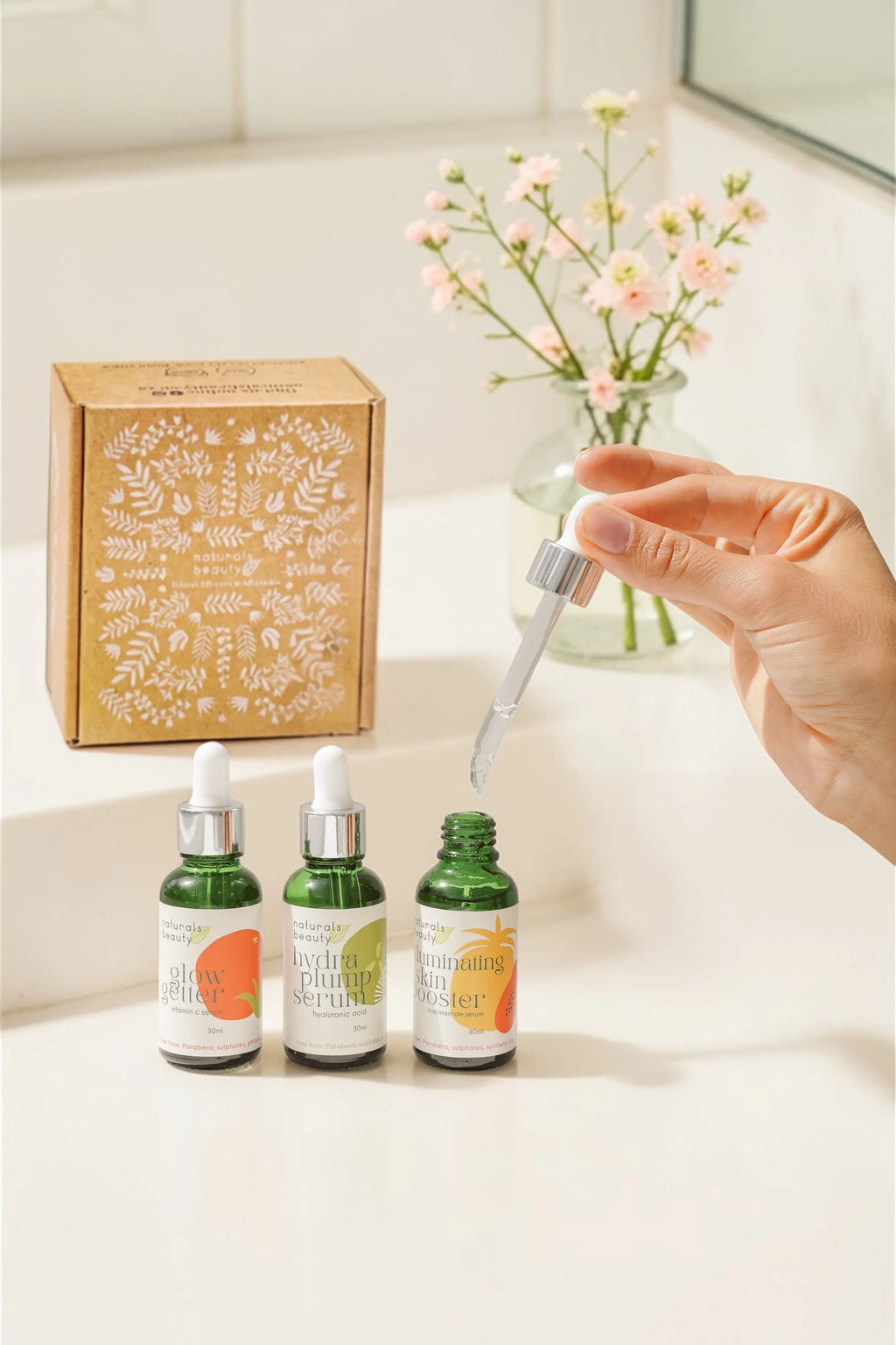 Natural Serum Gift Box — Vitamin C, Hyaluronic Acid & Niacinamide Trio