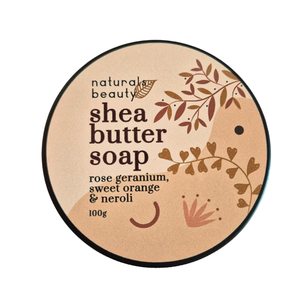 Shea butter soap packaging with natural beauty branding on a white background