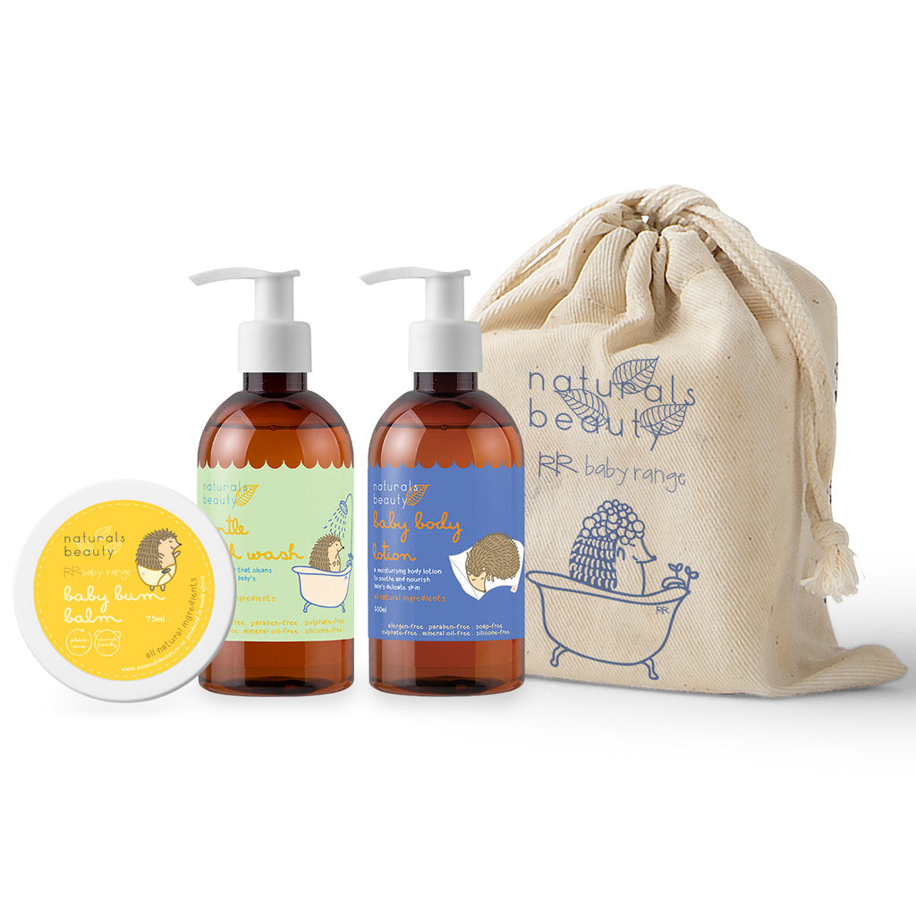 Naturals Beauty Baby range set. Bum balm, baby body lotion & gentle milk wash. Allergen free certified organic ingredients