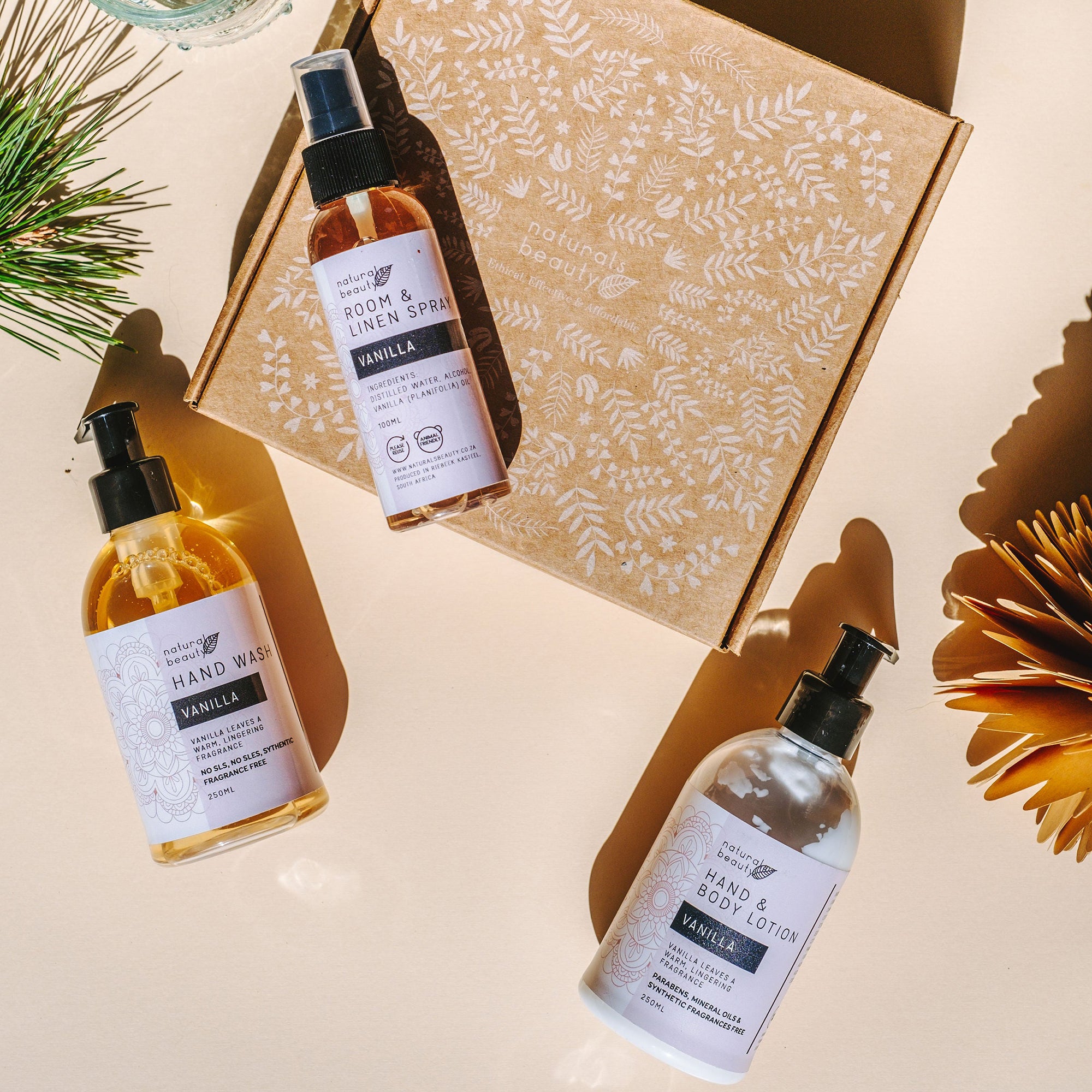 Naturals Beauty Bathroom gift set. Room & Linen spray, vanilla hand wash, vanilla hand & body lotion. Allergen free certified organic ingredients