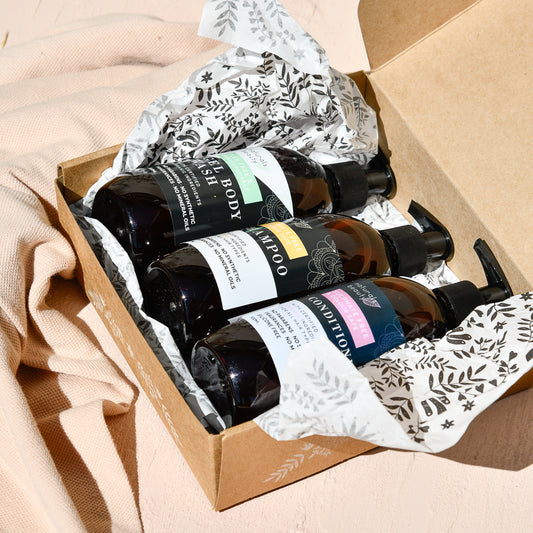 A box of beautiful biodegradable products for your shower! Sulphate Free Shampoo, Silicone Free conditioner and SLES Free Body Wash