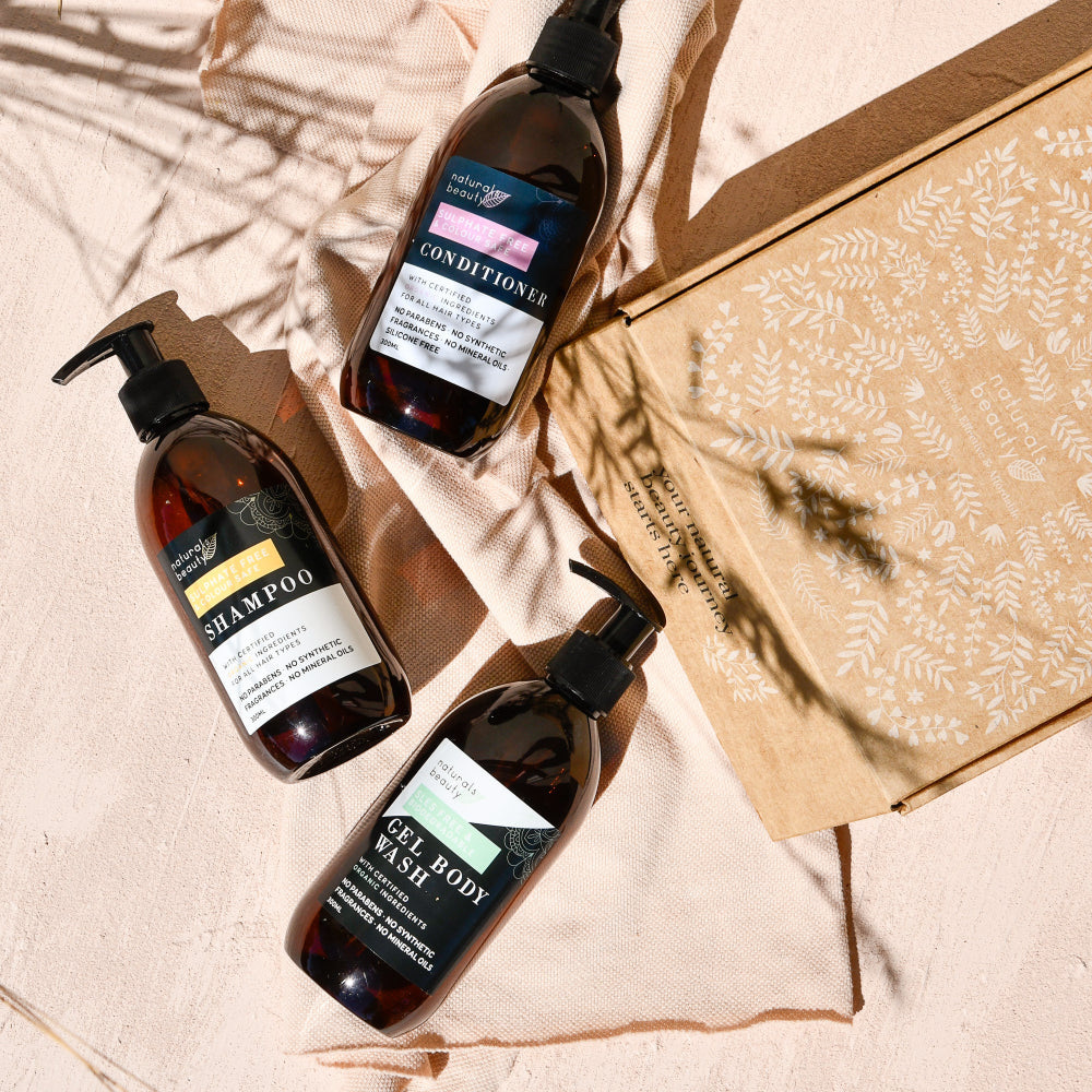 A box of beautiful biodegradable products for your shower! Sulphate Free Shampoo, Silicone Free conditioner and SLES Free Body Wash